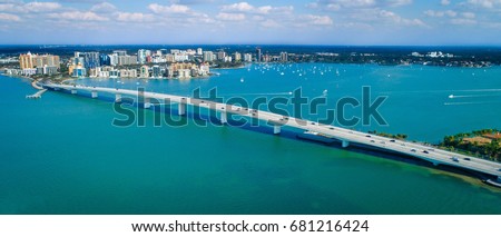Ringling Bridge Downtown Sarasota Drone Panorama. Sunny Florida with beautiful blue waters. 