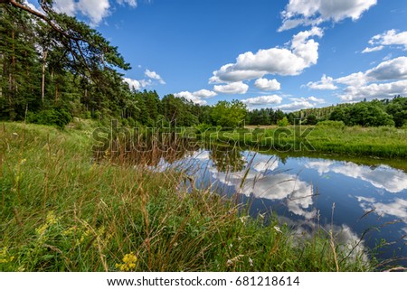 reflection of clouds in the lake with forest  and trees in background