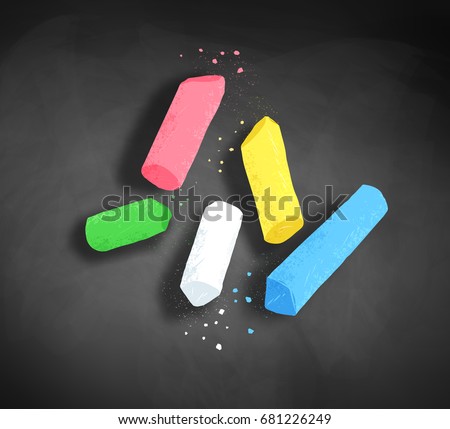 Vector illustration of pieces of chalk with shadow on blackboard background. Royalty-Free Stock Photo #681226249