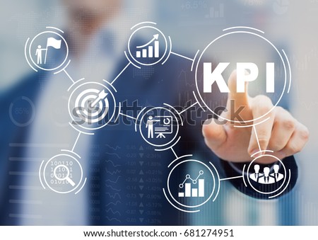 Key Performance Indicator (KPI) using Business Intelligence (BI) metrics to measure achievement versus planned target, person touching screen icon, success Royalty-Free Stock Photo #681274951