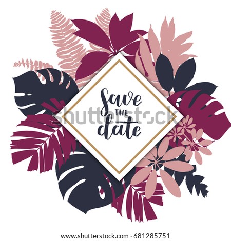 Hand drawn illustration. Summer tropical leaves vector design. Banner with paper trendy graphic. Lettering it is summer time, summer sale. Invitation template for party, sale, wedding. collection card