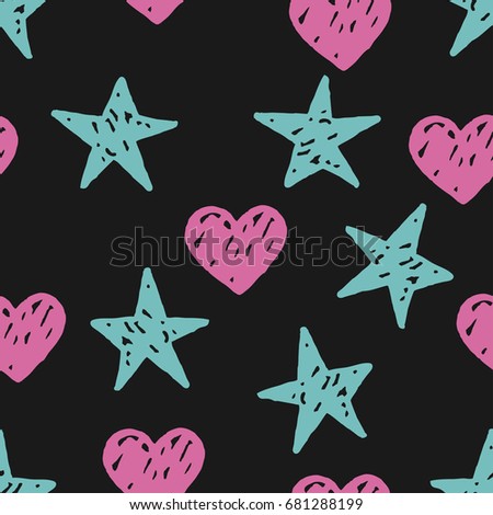 Vector seamless pattern with freehand drawn cartoon hearts and stars on black background