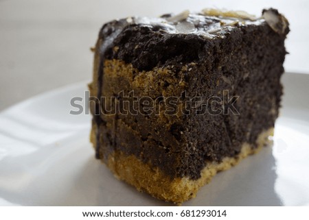 Piece of poppy-seed cake. Side view. White plate. Light grey background.