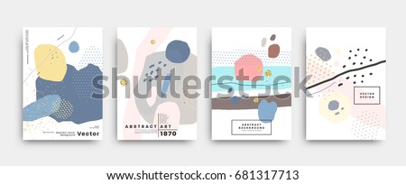 Covers templates set with trendy geometric patterns, colors and memphis retro elements. Modern design for placards, posters, presentations and banners. Vector illustrations. Royalty-Free Stock Photo #681317713