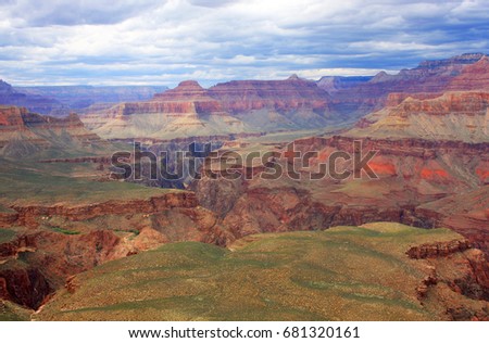 Grand Canyon aerial view landscape. Amazing relief background in the Grand Canyon National Park, Arizona, USA. View from Kaibab trail, South Rim. Nature background. Hiking in the Grand Canyon.