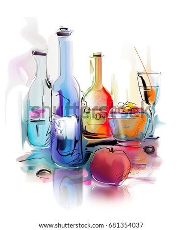 beautiful glasses for cocktail and wine. watercolor illustration