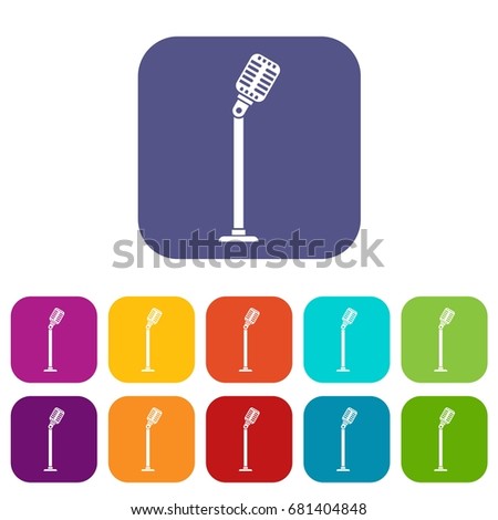 Microphone on stand icons set vector illustration in flat style in colors red, blue, green, and other