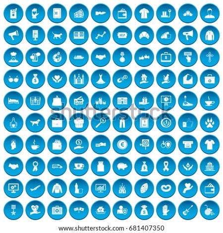100 charity icons set in blue circle isolated on white vector illustration