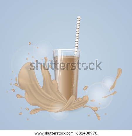 Chocolate milk splash with glass. Vector illustration.