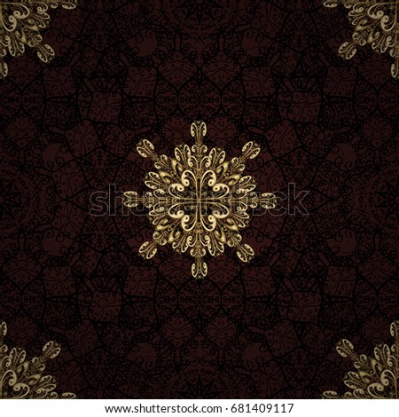 Golden pattern on brown background with golden elements. Ornate vector decoration. Seamless damask pattern background for wallpaper design in the style of Baroque.