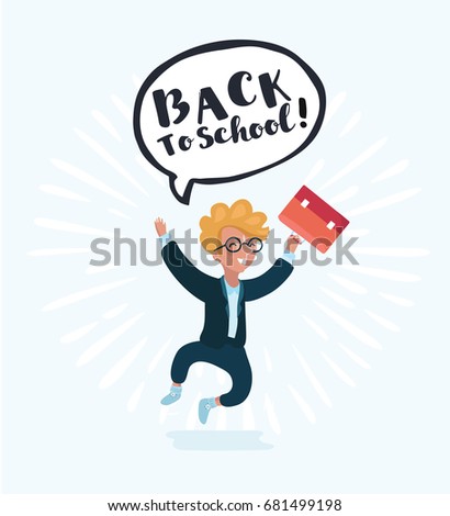 Vector cartoon illustration of cute happy little boy in glasses jumping. Speech bublle holding a text banner. Back to school illustration. Character on white isolated background