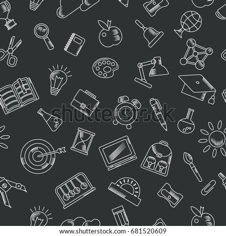 School supplies sketch handdrawn lines icons on black chalkboard texture. Back to school. Flat vector cartoon illustration. Objects isolated.
