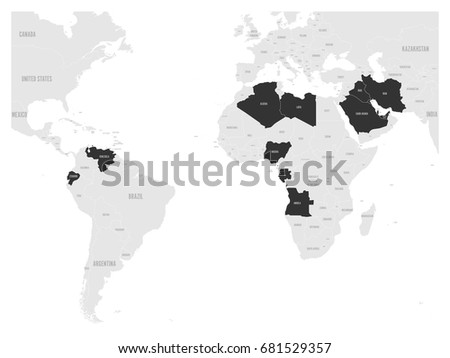 OPEC, Organization of the Petroleum Exporting Countries. World map with black highlighted member states since 2017. Vector illustration.