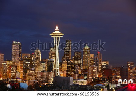 Night View on Seattle Skyline with Space Needle Tower