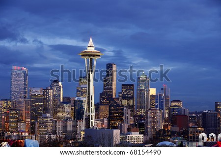 Seattle Skyline with Space Needle Tower at Dusk