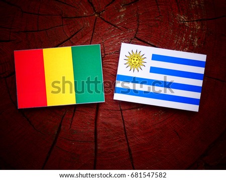 Guinean flag with Uruguayan flag on a tree stump isolated