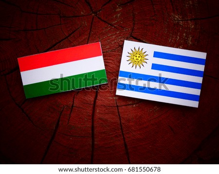 Hungarian flag with Uruguayan flag on a tree stump isolated