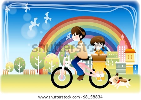 Enjoy Picnic and Happy Days background with blue sky and beautiful rainbow - cycling smiling and lovely young children with sweet lunch box in green field on spring vacation
