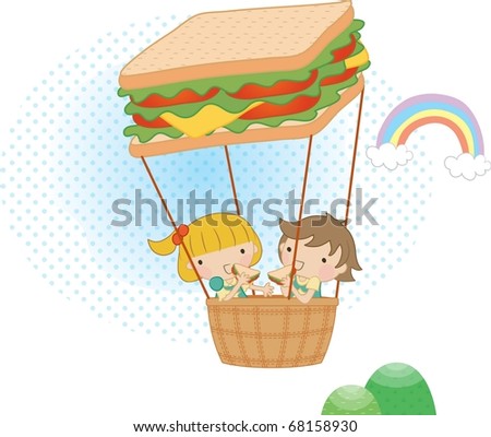 Enjoy Picnic and Happy Days - flying cute smiling young boy and lovely girl in the basket of the hot-air balloon on white background