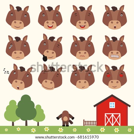 Collection isolated heads of horse in different emotion and his body on meadow with farm house.