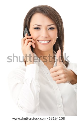 Happy smiling successful businesswoman with cell phone and thumbs up gesture, isolated on white background