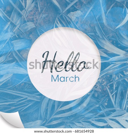 Hello March greeting card blue watercolor background