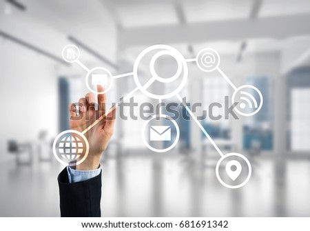 Hand of businesswoman touching icon of user panel on screen