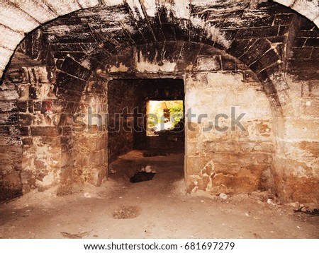 Mystic interior of an ancient dungeon. An old abandoned tunnel in an underground wine cellar. Entrance to catacombs. Dungeon An old stone fortress. As creative background for staging dark design. 