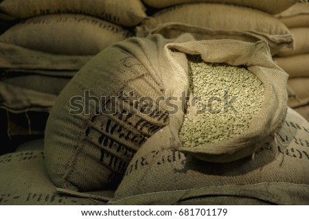 Green coffee beans in canvas bag. Canvas bag. Natural light. Coffee manufacturer