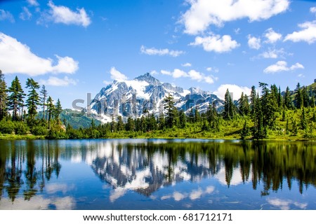 Landscape reflection Mount Shuksan and Picture lake, North Cascades National Park, Washington, USA Royalty-Free Stock Photo #681712171