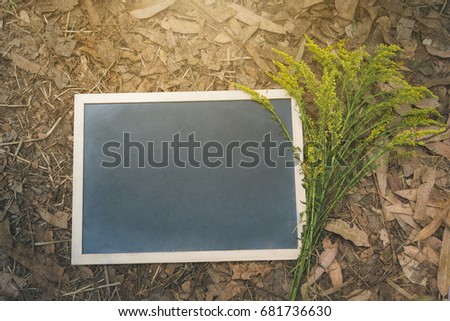 Blank wooden frame blackboard with flowers on dry leaves.