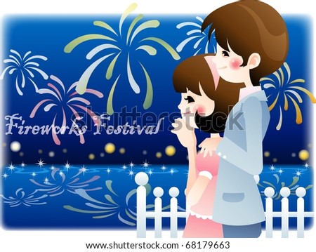 Happy Event with Attractive People - enjoying romantic fire festival with cute lovely young couple on a background of fantastic night blue sky and shiny water : vector illustration