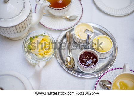 Traditional english luxury afternoon tea with a champagne. Background picture
