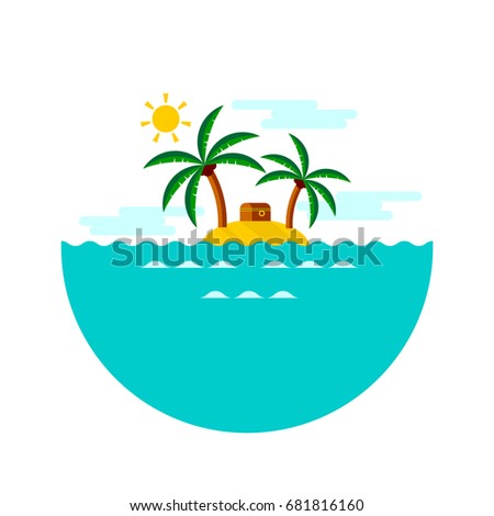 Treasure island. Vector illustration depicting chest with pirate treasures on the deserted island.