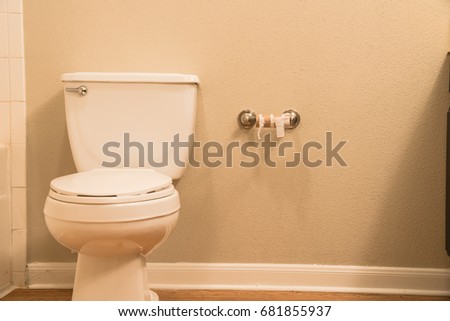 Close-up of white flush toilet bowl  and empty roll on toilet paper holder. Empty toilet paper roll without paper in restroom. Modern bathroom interior in America. Out of toilet paper dilemma concept.