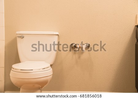 Close-up of white flush toilet bowl  and empty roll on toilet paper holder. Empty toilet paper roll without paper in restroom. Modern bathroom interior in America. Out of toilet paper dilemma concept.