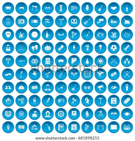 100 meeting icons set in blue circle isolated on white vector illustration