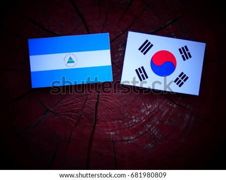 Nicaraguan flag with South Korean flag on a tree stump isolated