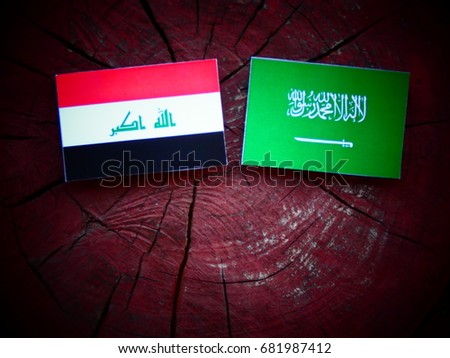 Iraqi flag with Saudi Arabian flag on a tree stump isolated