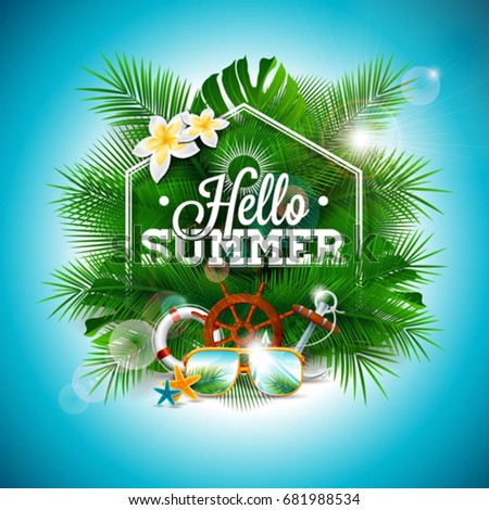 Vector Summer Time Holiday typographic illustration on palm leaves background. Tropical plants, flower,sunglasses and anchor. Eps 10 design.