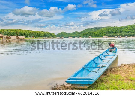 The soft focus the raft,the swamp,,motorboat,the mountain  beautiful sky and cloud at the public property Huai Krathing,Loei province,Thailand.(Thai Language means creek of the gaur at Loei province )