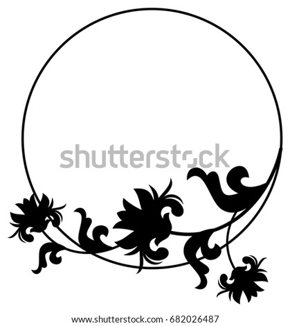 Black and white silhouette floral frame. Raster clip art