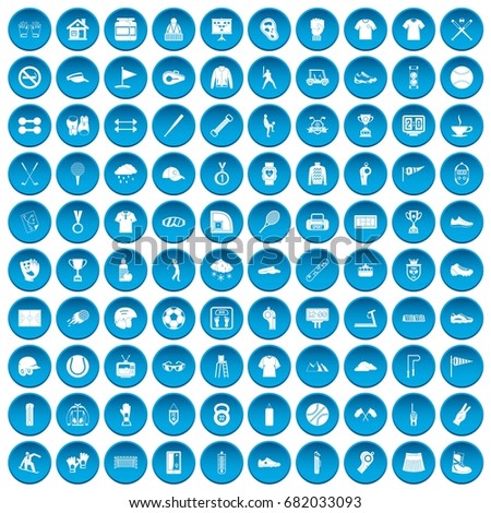 100 sport club icons set in blue circle isolated on white vector illustration