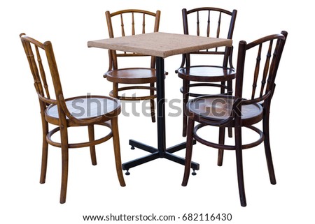 Set of wood table and chairs on white background for decoration in living room or garden, the table on top with fabric net