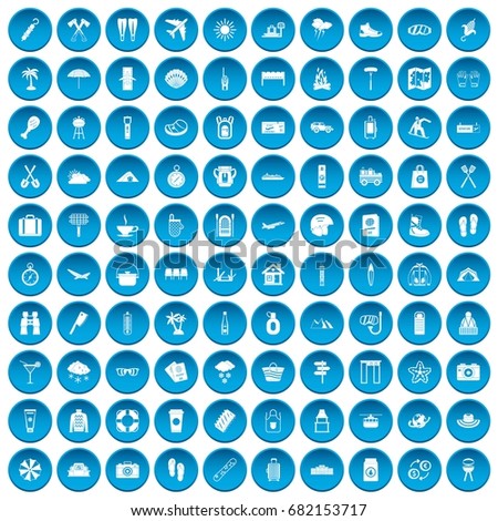100 vacation icons set in blue circle isolated on white vector illustration