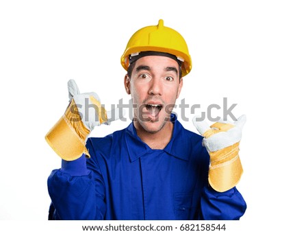 Happy worker with call gesture on white background