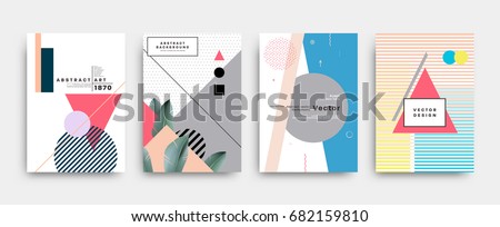 Placards set with abstract shapes with palm leaves, 80s memphis geometric style flat and 3d design elements. Retro art for covers, banners, flyers and posters. Eps10 vector illustrations. Royalty-Free Stock Photo #682159810