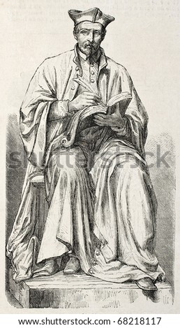 Statue of Jacques Amyot, the famous French Renaissance writer. Drawing of Duvaux on statue sculpted by M. Godin. Published on L'Illustration, Journal Universel, Paris, 1860