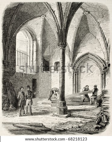 Antique illustration shows interior of Cluny's college chapel, Paris. Original, from drawing of Gaildrau, published on L'Illustration, Journal Universel, Paris, 1860