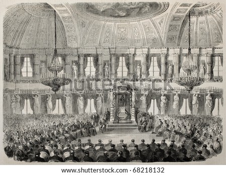 Court of Cassation installation in Milan, Royal Palace, Hall of Cariatidi, destroyed by fire in 1943. Drawing of Durand, after sketch of P. Ronchetti, on L'Illustration, Journal Universel, Paris, 1860